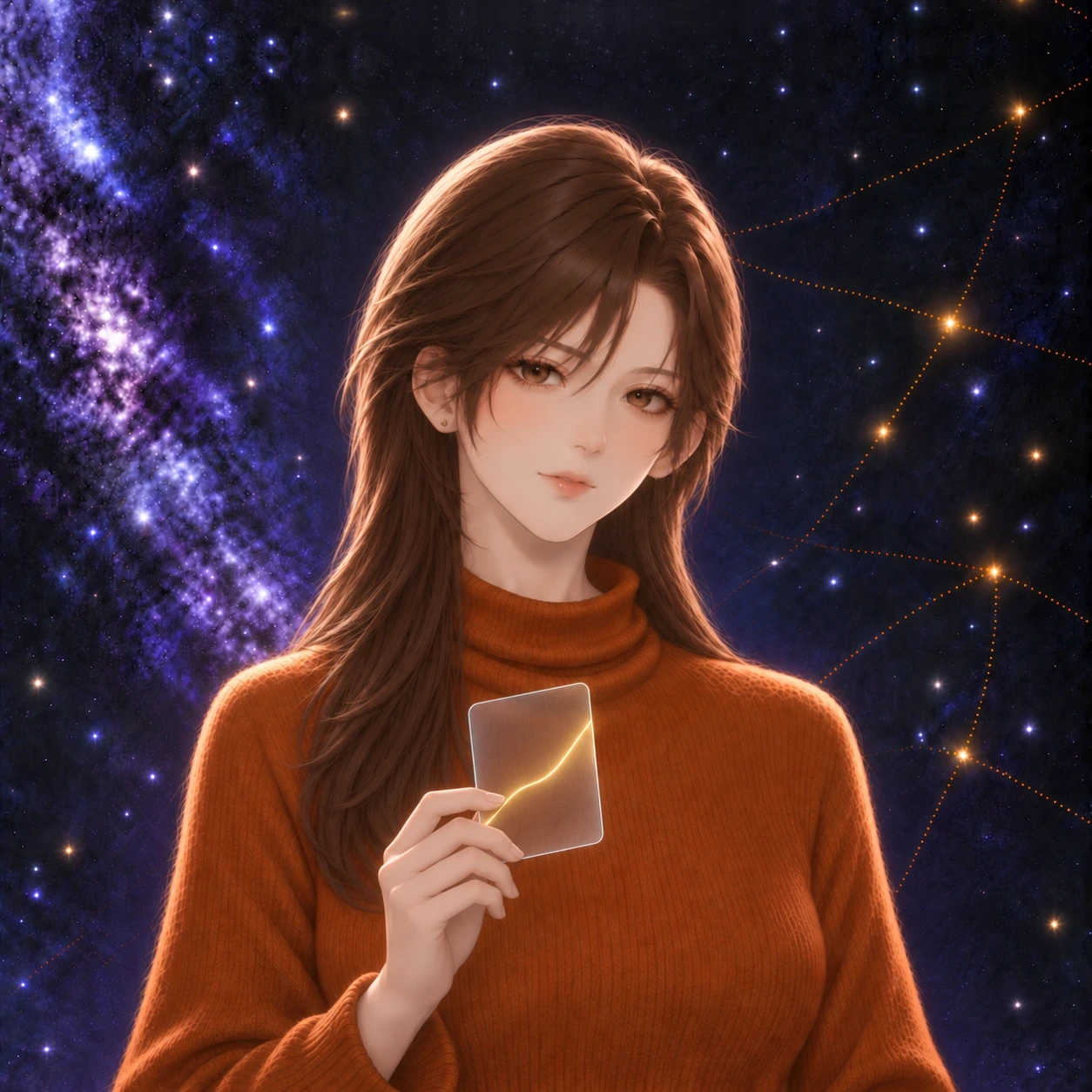 熙，长棕发，穿纯橙色高领毛衣，在星空下手持一张磨砂玻璃数据卡，卡面有一道淡金色曲线。