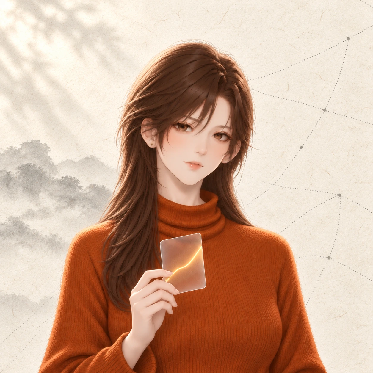 熙，长棕发，穿纯橙色高领毛衣，在星空下手持一张磨砂玻璃数据卡，卡面有一道淡金色曲线。