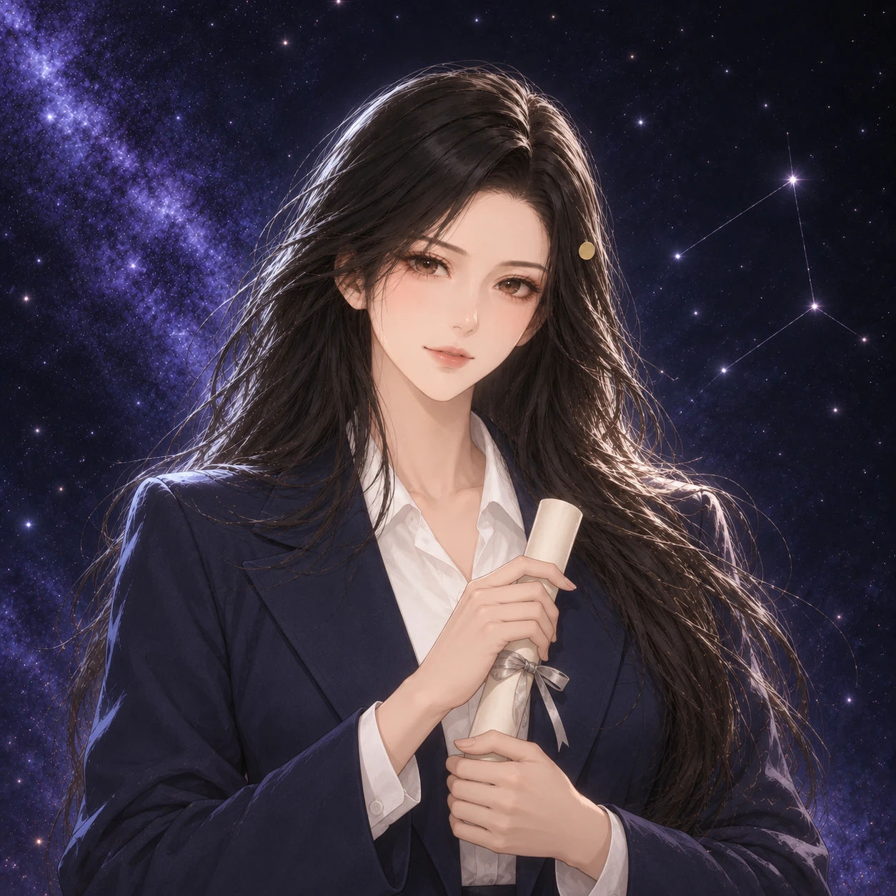 昭穿藏青西装，长发别着金色圆发夹，怀里抱着一卷系银丝带的文书，身后有一组淡淡的星座