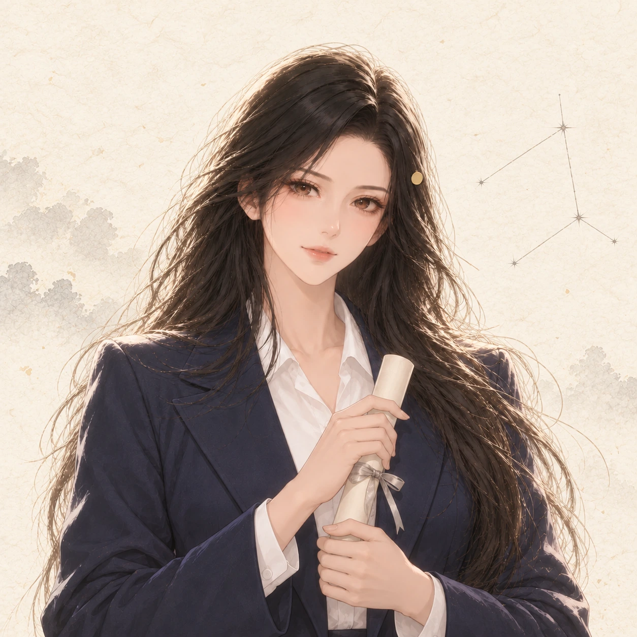 昭穿藏青西装，长发别着金色圆发夹，怀里抱着一卷系银丝带的文书，身后有一组淡淡的星座