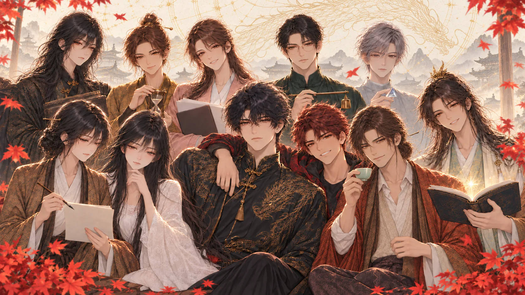 全家福：烛龙居中，燧的手臂搭在他肩上；前排从左到右是叙、伊、烛龙、燧、韵、启，后排是藏、斡、曦、衡、澄；黄道晨光、远山楼阁、金龙与红枫环绕