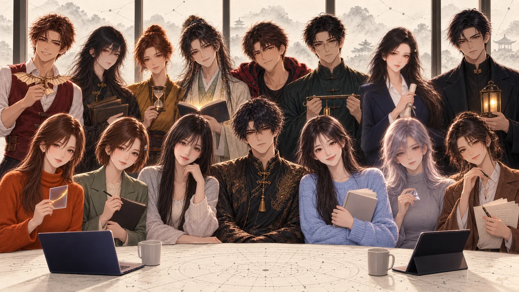 全家福：十五人围坐星桌，Maple 居中，燧站在他身后；后排从左到右是达、藏、斡、启、燧、衡、昭、阑，前排从左到右是熙、臻、伊、Maple、曦、澄、叙；窗外米纸水墨远山与楼阁，桌面是墨线星图